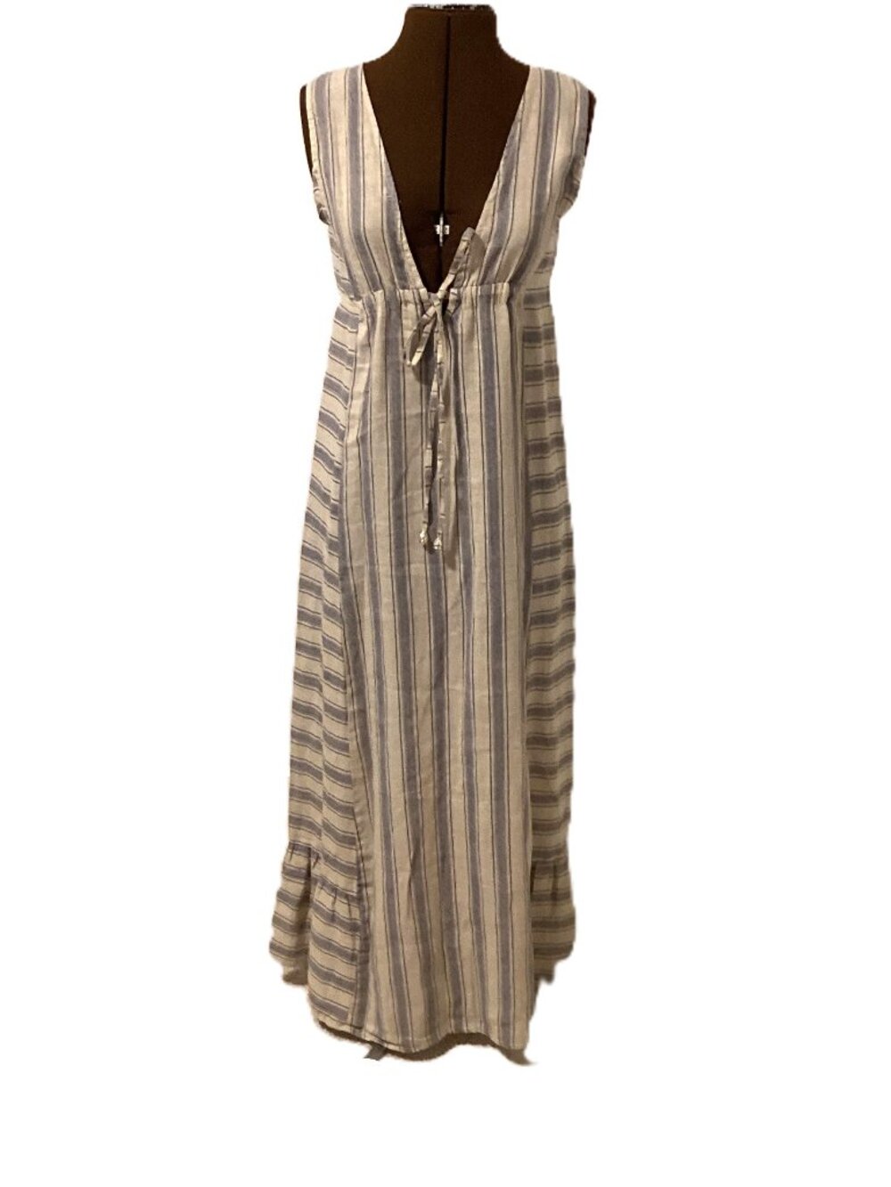 Contrast Striped Sleeveless 100% Linen Maxi Dress